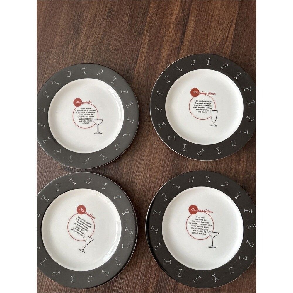 Pottery Barn Retro Bar Set of 4 Appetizer Salad Plates Mixed Drink Recipes 8.5”